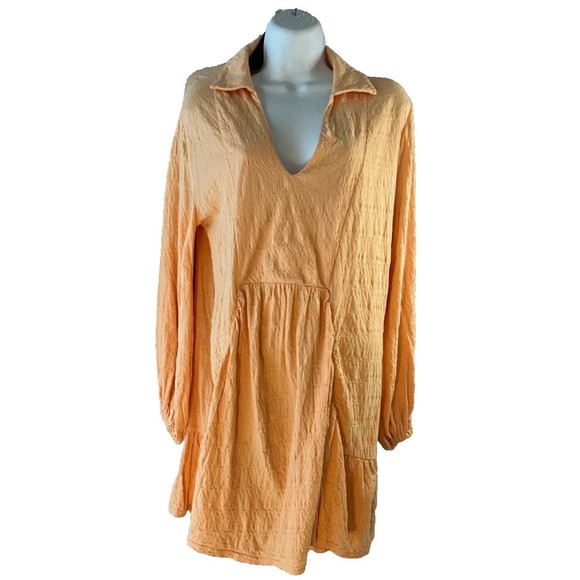 Free People Beach Women’s Peach Collared V Neck Long Sleeve Mini Dress M - Picture 1 of 5